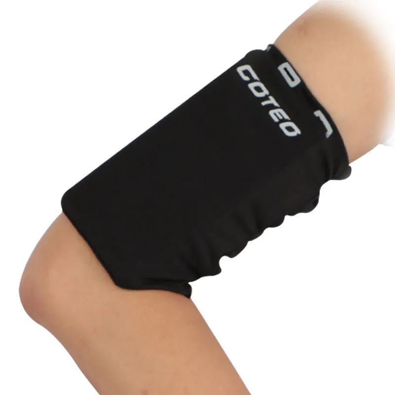 Outdoor sports phone arm holder with adjustable elastic cord, dual pockets, black colour on a white background
