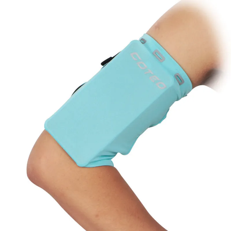 Outdoor sports phone arm holder with adjustable elastic cord, dual pockets, black colour on a white background