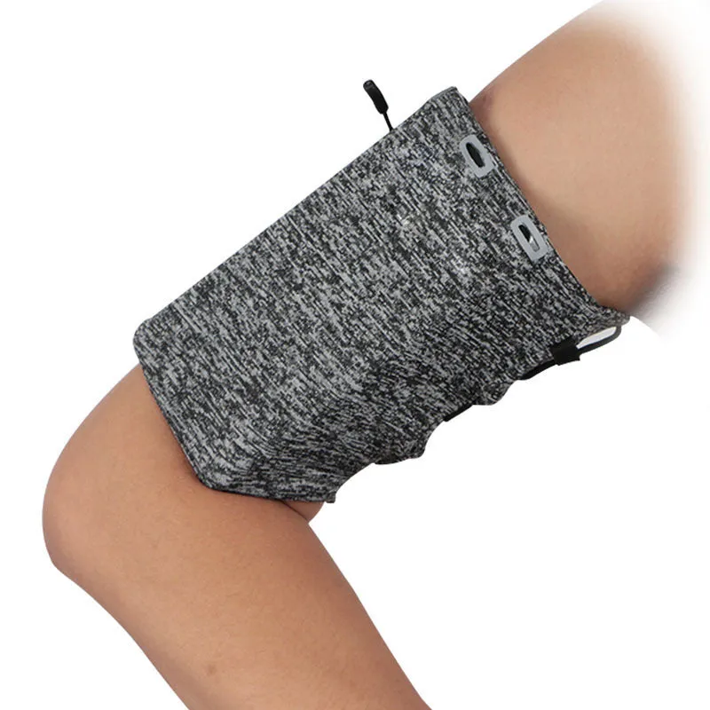 Outdoor sports phone arm holder with adjustable elastic cord, dual pockets, black colour on a white background