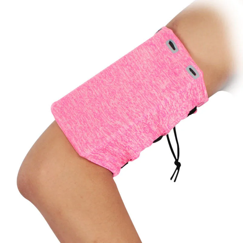 Outdoor sports phone arm holder with adjustable elastic cord, dual pockets, black colour on a white background