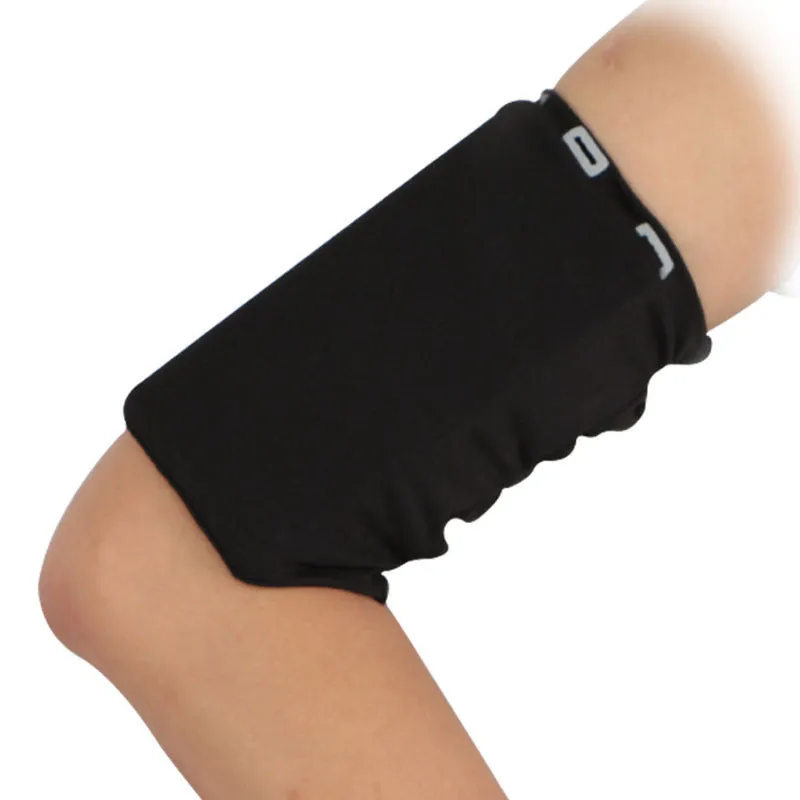 Outdoor sports phone arm holder with adjustable elastic cord, dual pockets, black colour on a white background