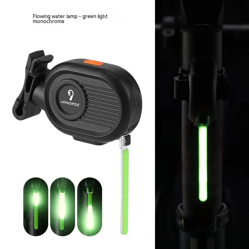 USB rechargeable bicycle tail light with blue waterfall or running water lighting effect on a bike seat post.