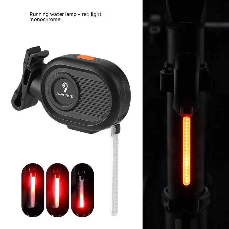 USB rechargeable bicycle tail light with blue waterfall or running water lighting effect on a bike seat post.