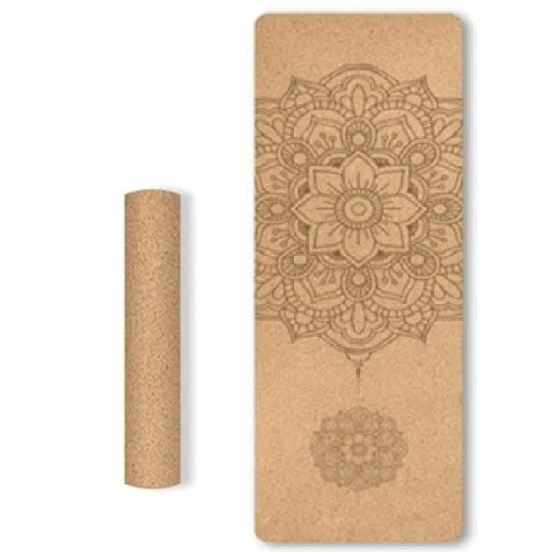 Cork TPE yoga mat on floor, 183x61cm, non-slip surface shown with subtle cork texture and TPE back