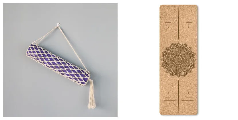 Cork TPE yoga mat on floor, 183x61cm, non-slip surface shown with subtle cork texture and TPE back