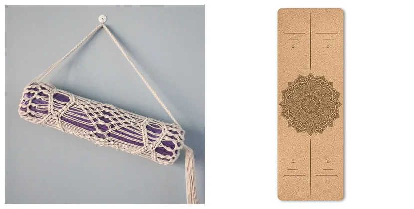 Cork TPE yoga mat on floor, 183x61cm, non-slip surface shown with subtle cork texture and TPE back
