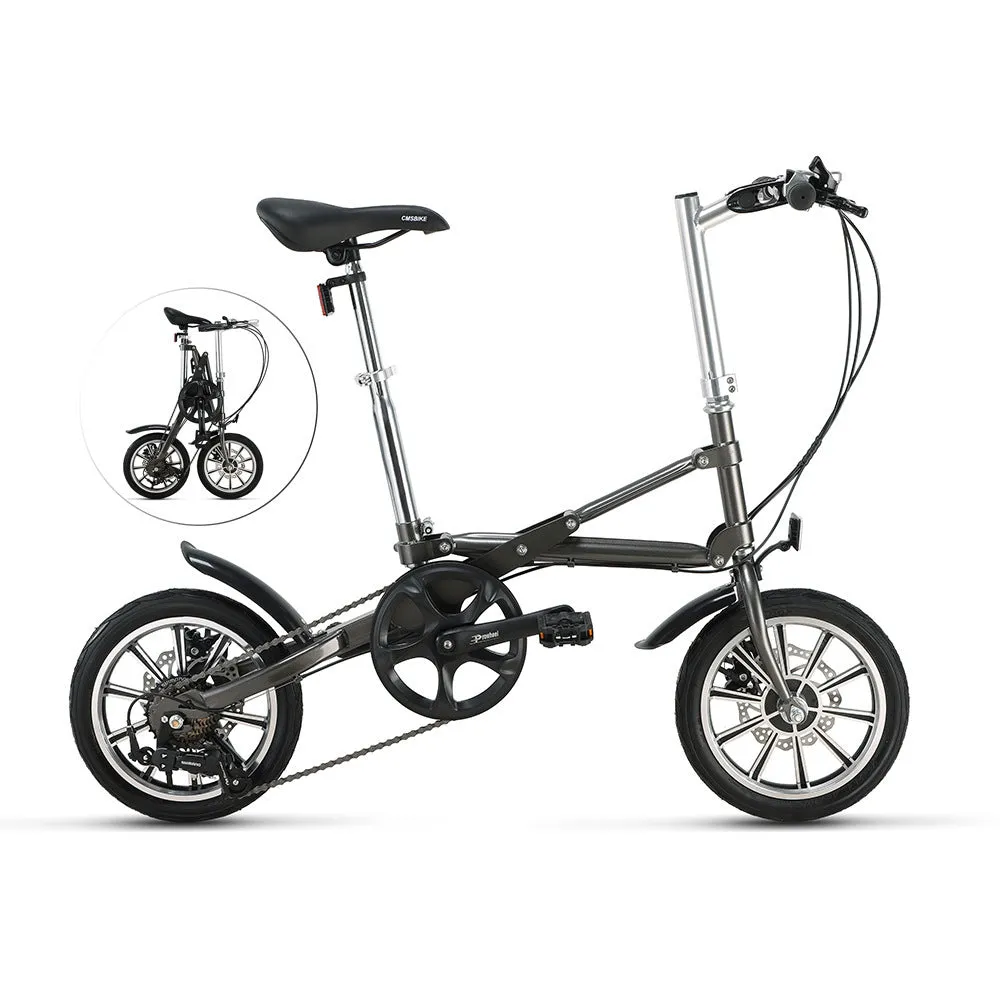 Matte black 14-inch one-second folding bicycle with dual disc brakes and carbon steel frame