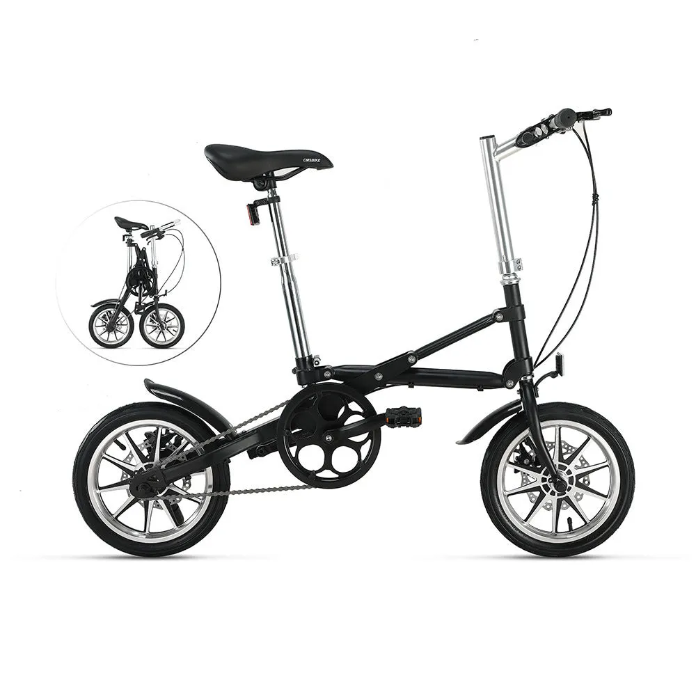 Matte black 14-inch one-second folding bicycle with dual disc brakes and carbon steel frame