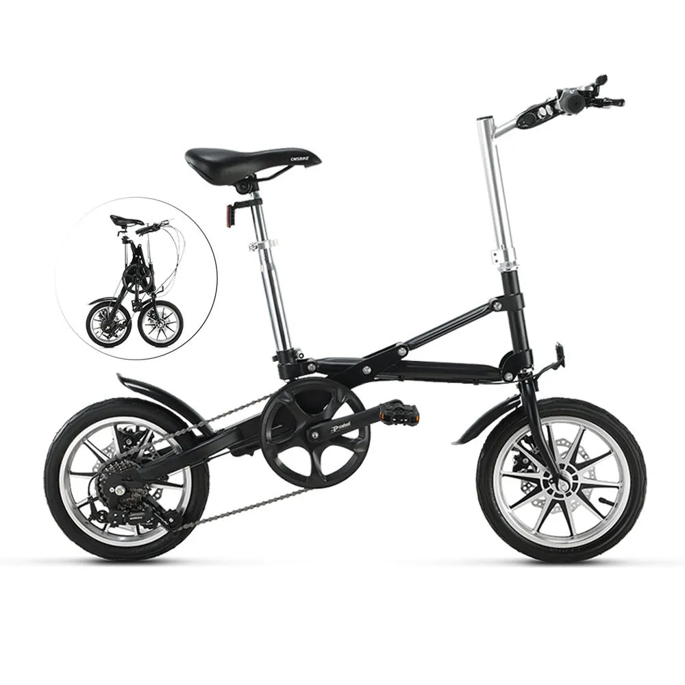Matte black 14-inch one-second folding bicycle with dual disc brakes and carbon steel frame