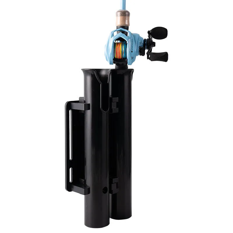 Double-layer plastic fishing rod rack with adjustable clamp mounted on bicycle frame