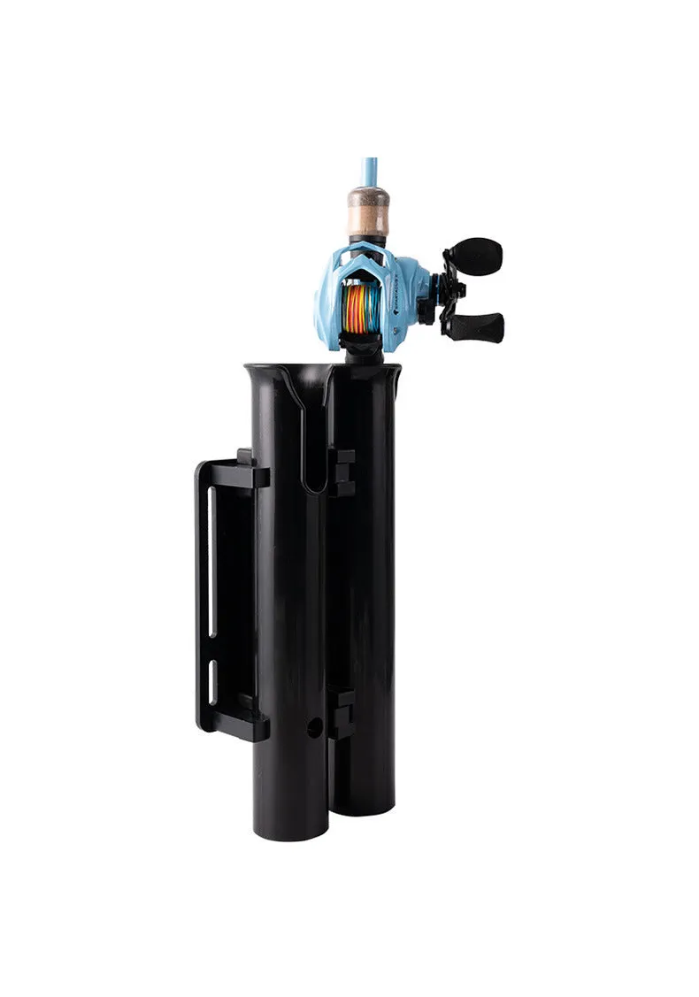 Double-layer plastic fishing rod rack with adjustable clamp mounted on bicycle frame