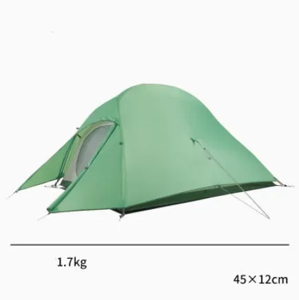 Double layer rain proof camping tent with aluminium alloy poles in sprout green colour set up outdoors
