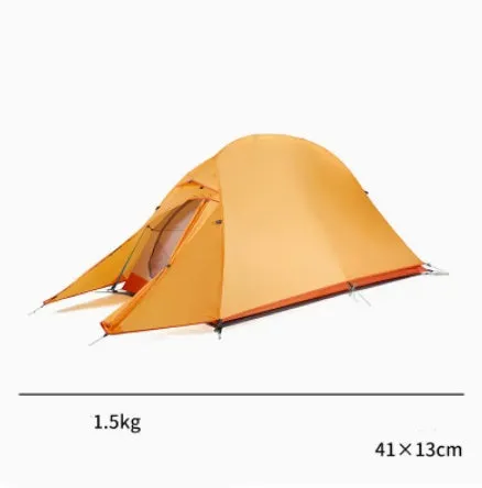 Double layer rain proof camping tent with aluminium alloy poles in sprout green colour set up outdoors