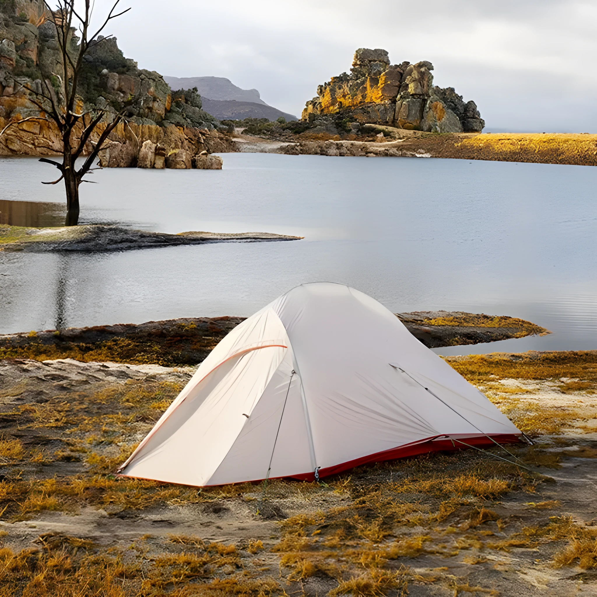 Double layer rain proof camping tent with aluminium alloy poles in sprout green colour set up outdoors