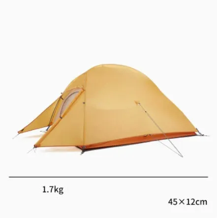Double layer rain proof camping tent with aluminium alloy poles in sprout green colour set up outdoors