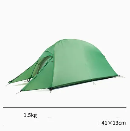 Double layer rain proof camping tent with aluminium alloy poles in sprout green colour set up outdoors