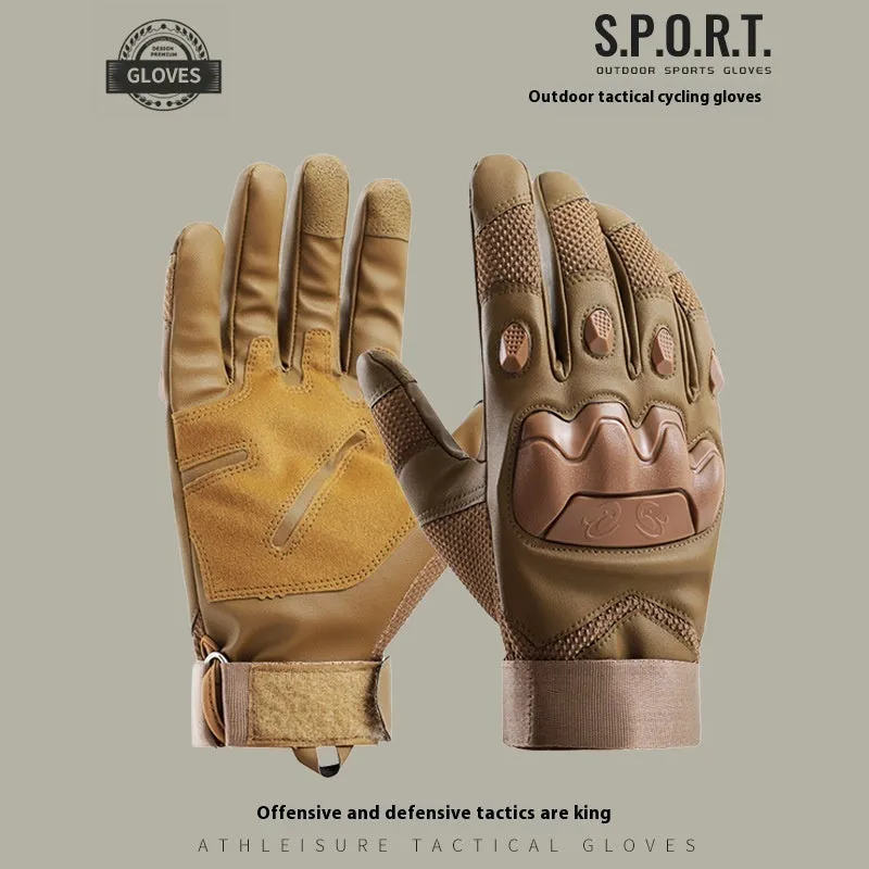 Men's black full finger tactical gloves with touch screen fingertips on a grey background.