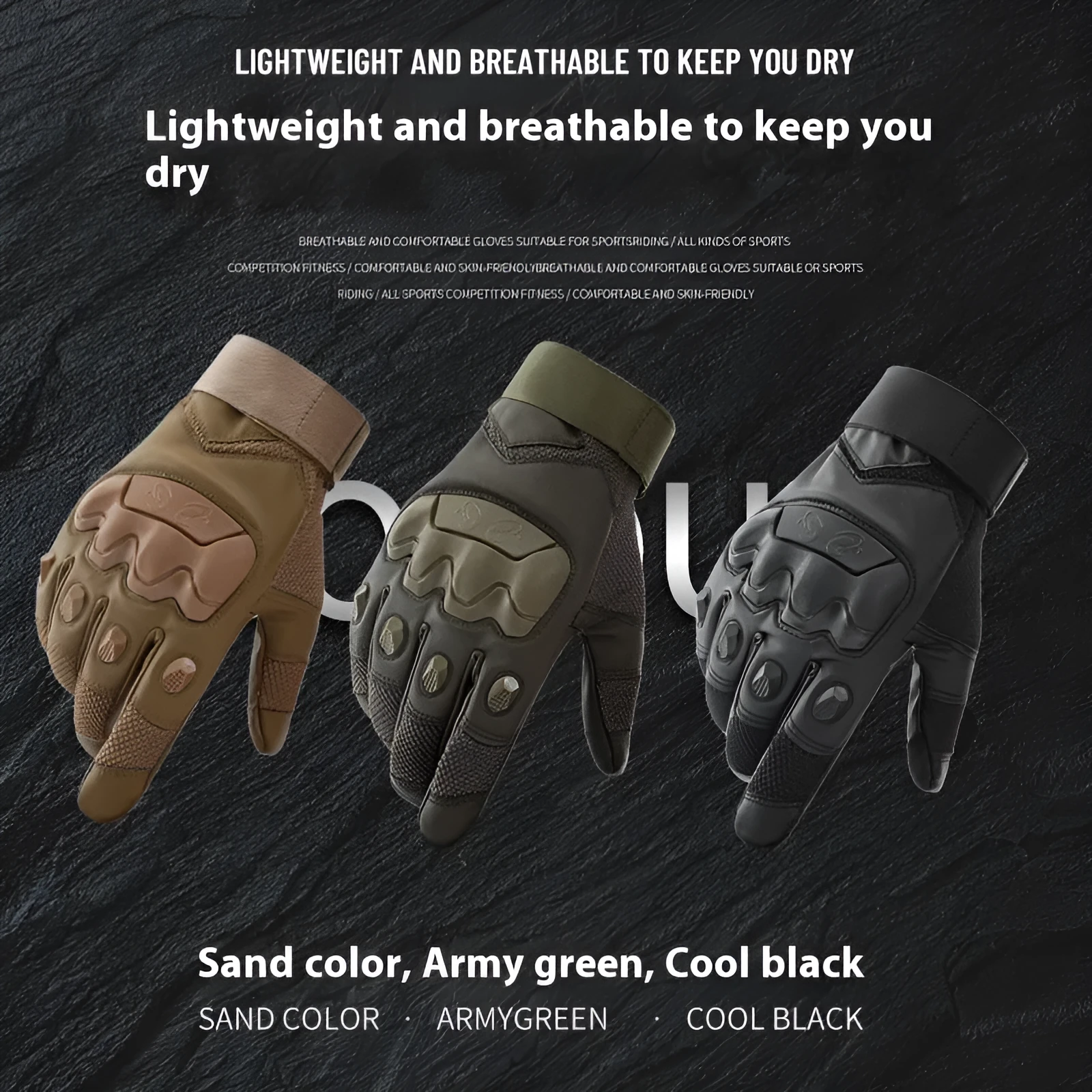 Men's black full finger tactical gloves with touch screen fingertips on a grey background.