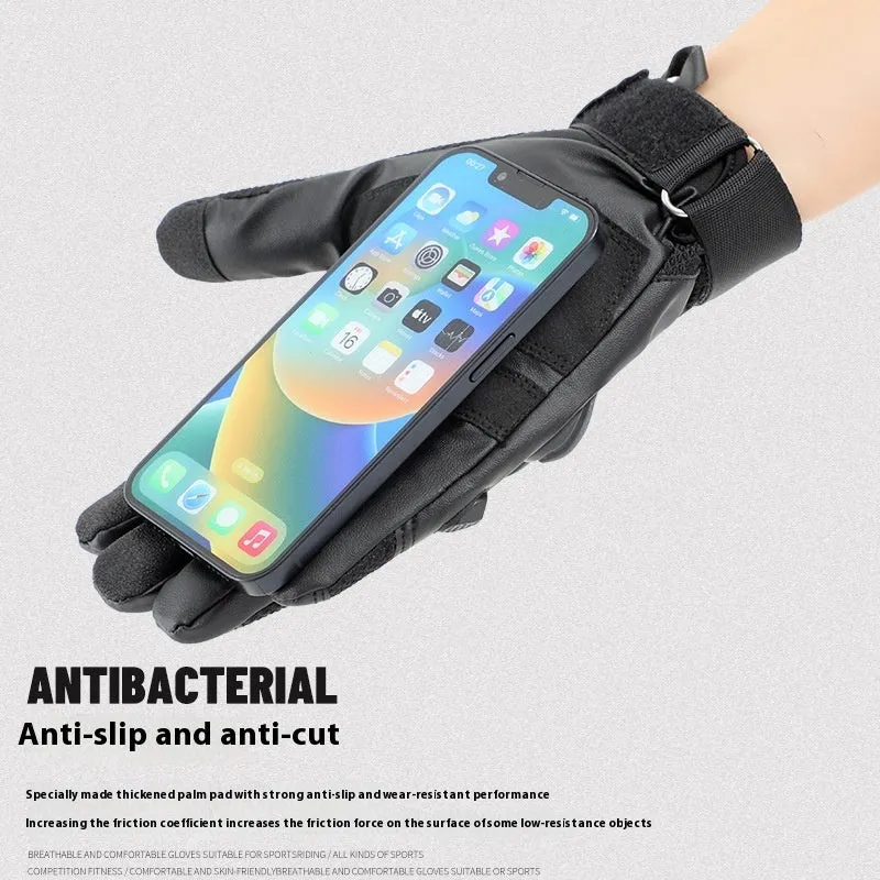 Men's black full finger tactical gloves with touch screen fingertips on a grey background.