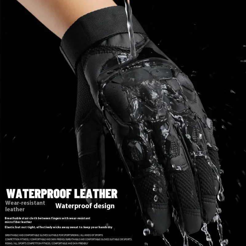 Men's black full finger tactical gloves with touch screen fingertips on a grey background.