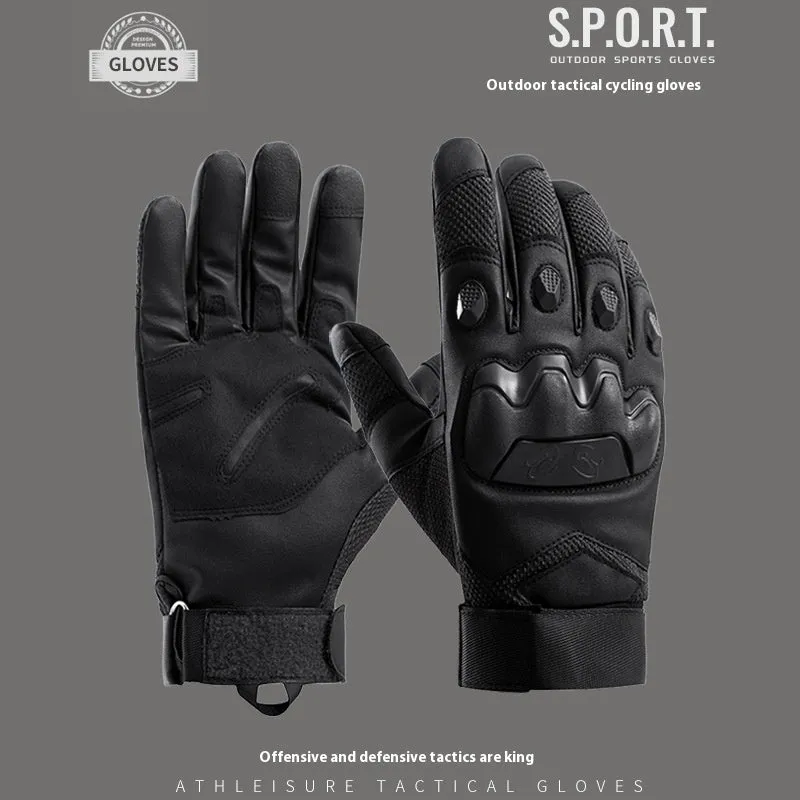 Men's black full finger tactical gloves with touch screen fingertips on a grey background.