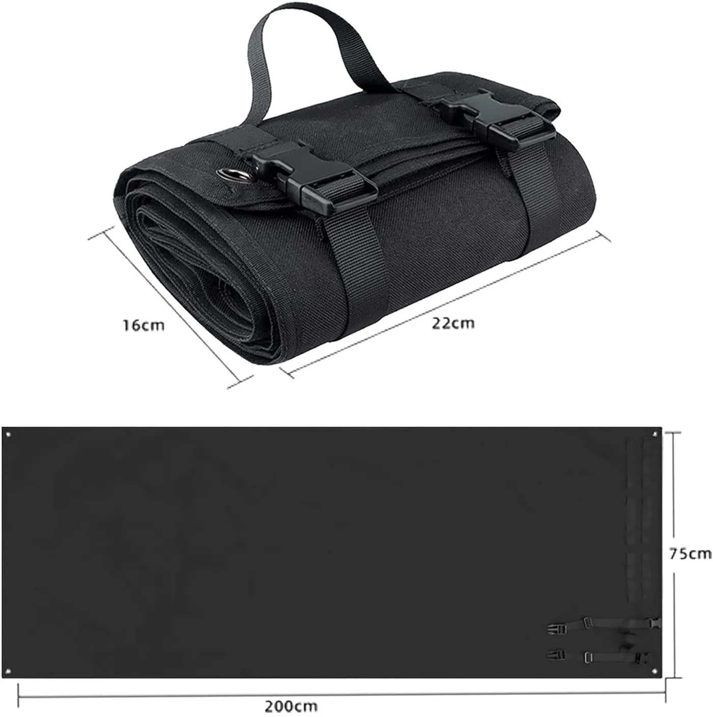 Tactical shooting mat made of waterproof Oxford cloth, 200x75cm, in army green colour, unrolled on grass