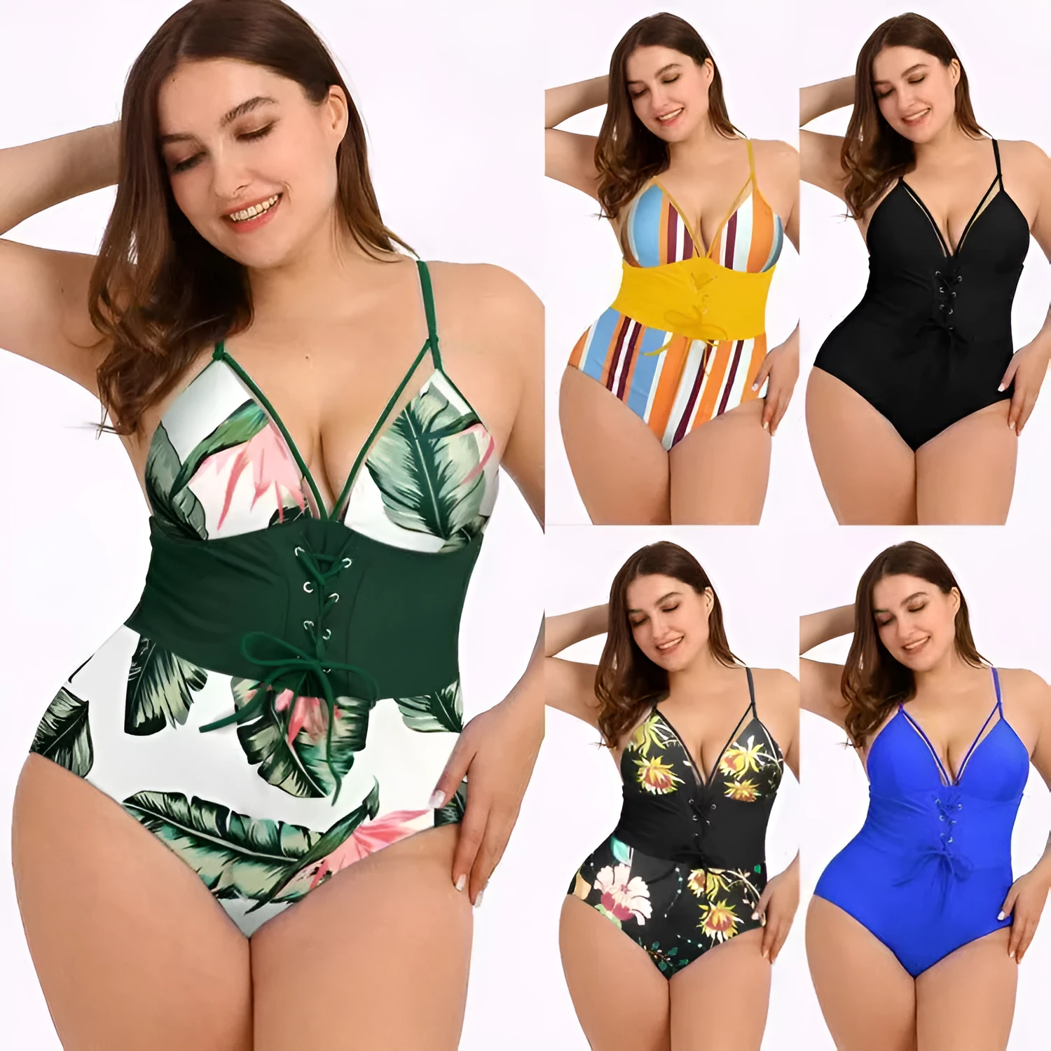 Women's plus size high-waist printed bikini with bouquet waist detail in black print