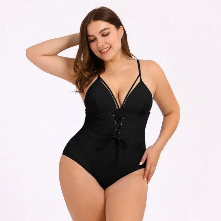 Women's plus size high-waist printed bikini with bouquet waist detail in black print
