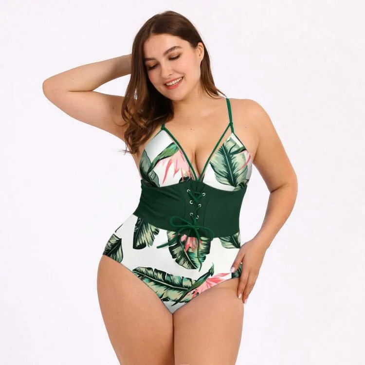 Women's plus size high-waist printed bikini with bouquet waist detail in black print