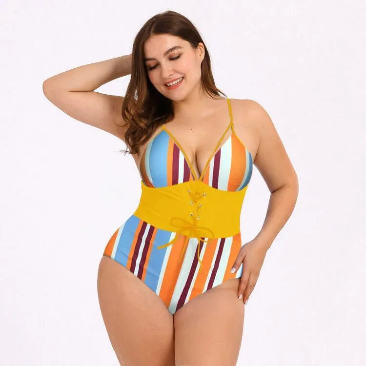 Women's plus size high-waist printed bikini with bouquet waist detail in black print