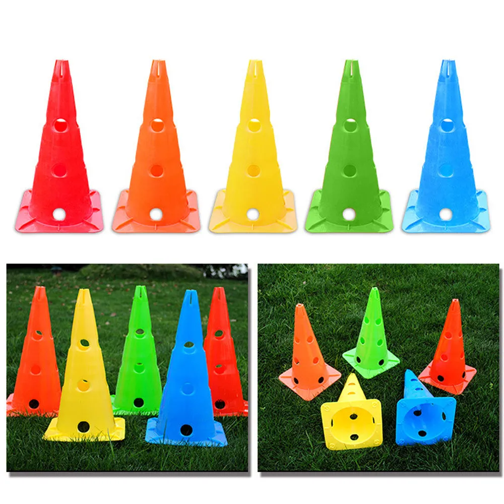 Set of 4 polyethylene football training cones 30cm height square base in blue green orange red yellow