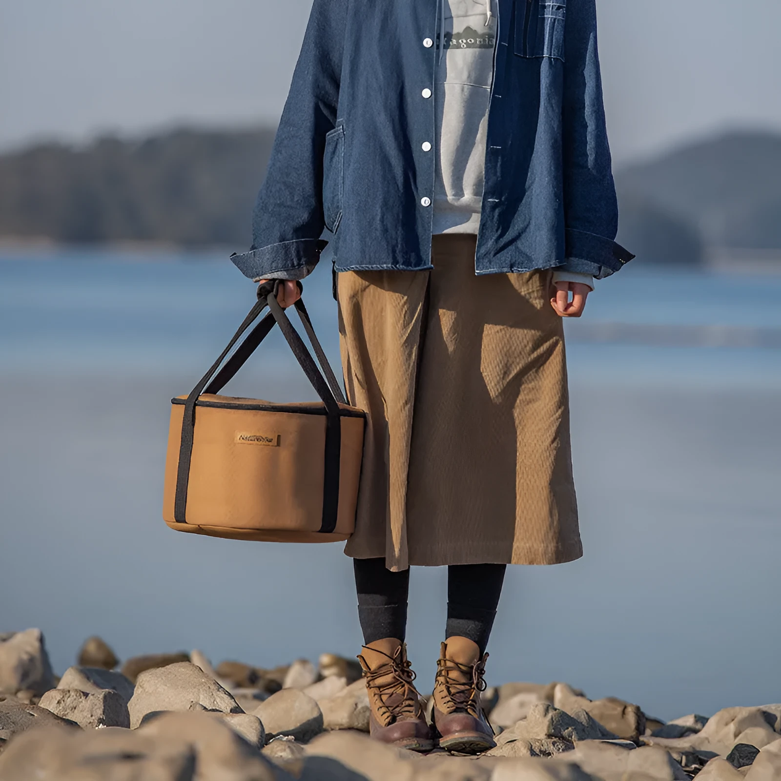 Large camping bucket storage bag in 16A thickened canvas and 600D Oxford cloth with pearl cotton lining, 38x18cm, 19.3L