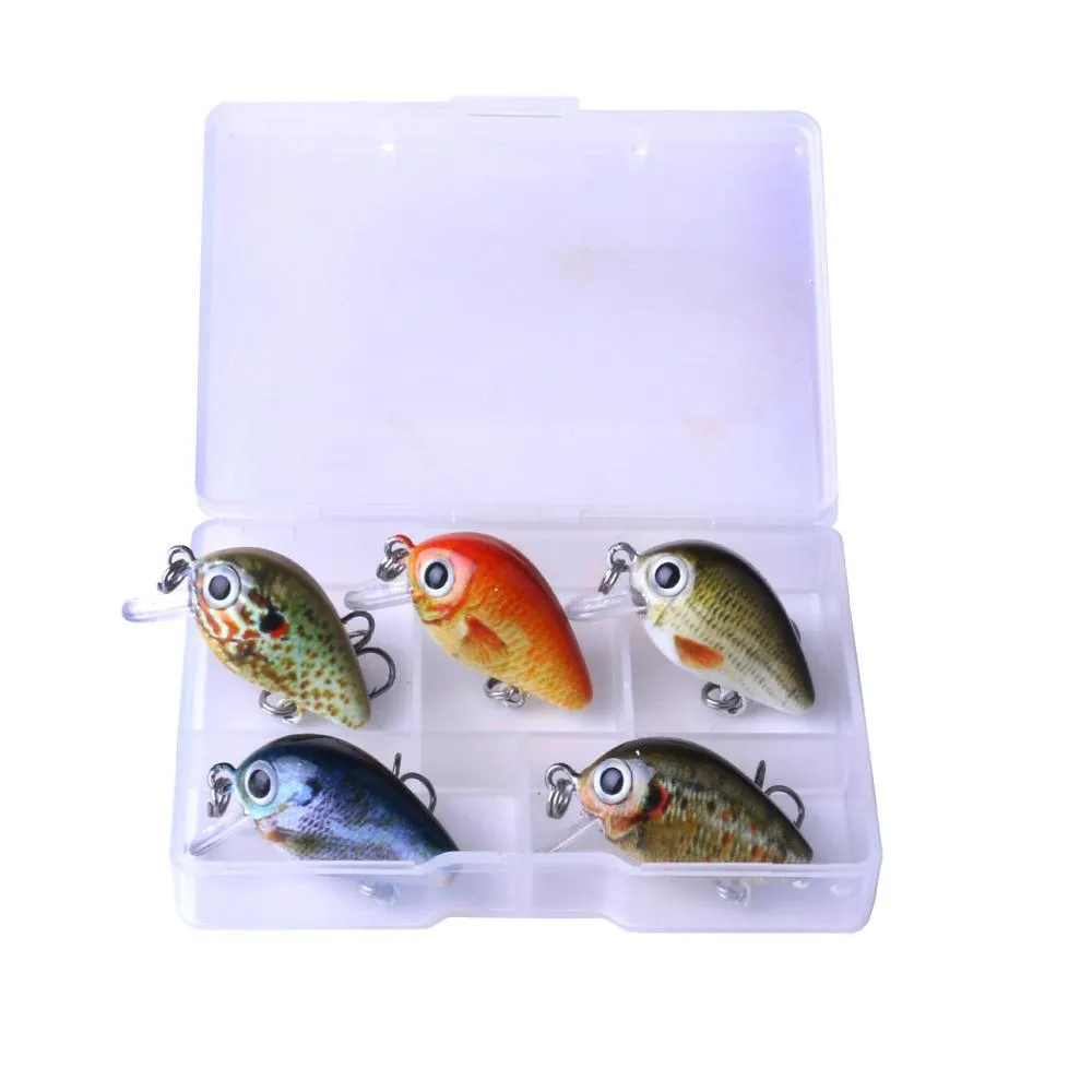 Mini crankbait fishing lures 2.7 cm 1.5 g with 3D holographic eyes and bright colours, 5-piece set in box