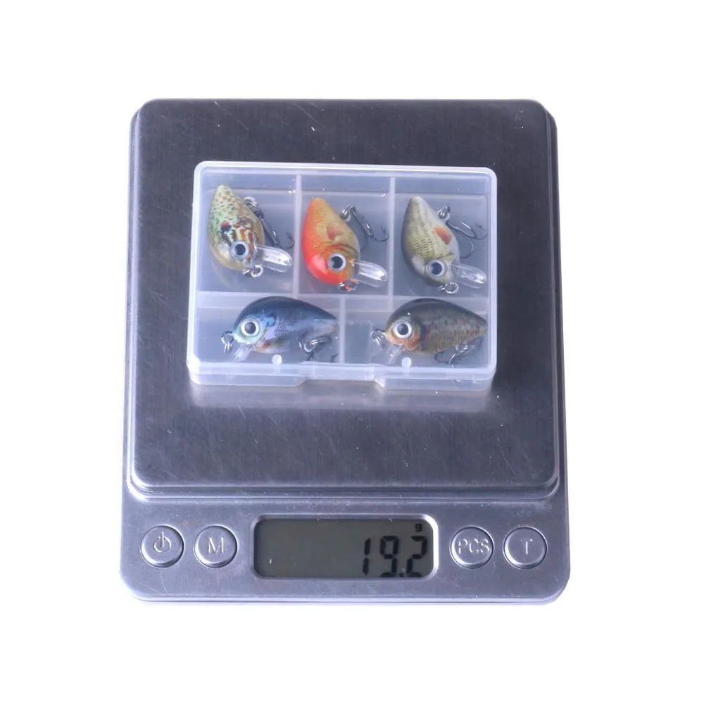 Mini crankbait fishing lures 2.7 cm 1.5 g with 3D holographic eyes and bright colours, 5-piece set in box