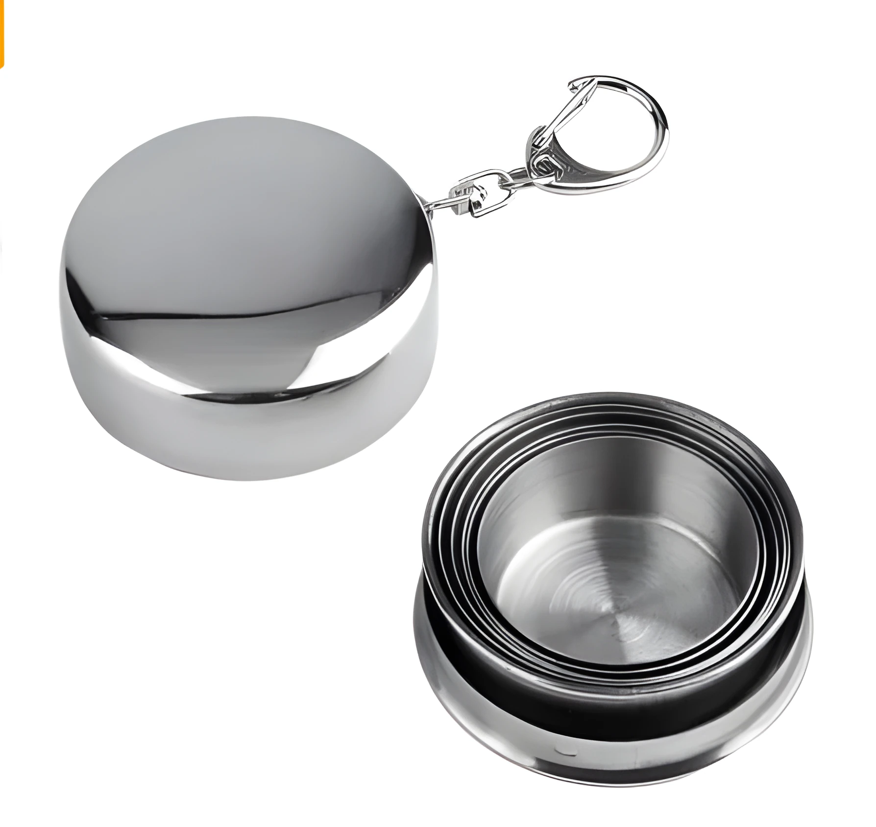 Silver stainless steel collapsible travel cup folded small on a key ring for outdoor use