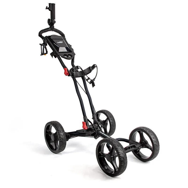 Four-wheel foldable aluminium alloy golf trolley with umbrella rack in black expanded view