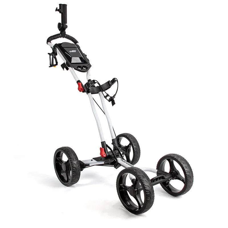 Four-wheel foldable aluminium alloy golf trolley with umbrella rack in black expanded view
