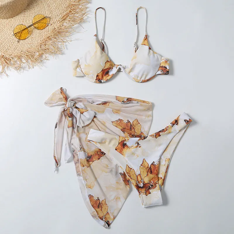 Women's leopard print split swimsuit three-piece set with chest pad, available in multiple styles