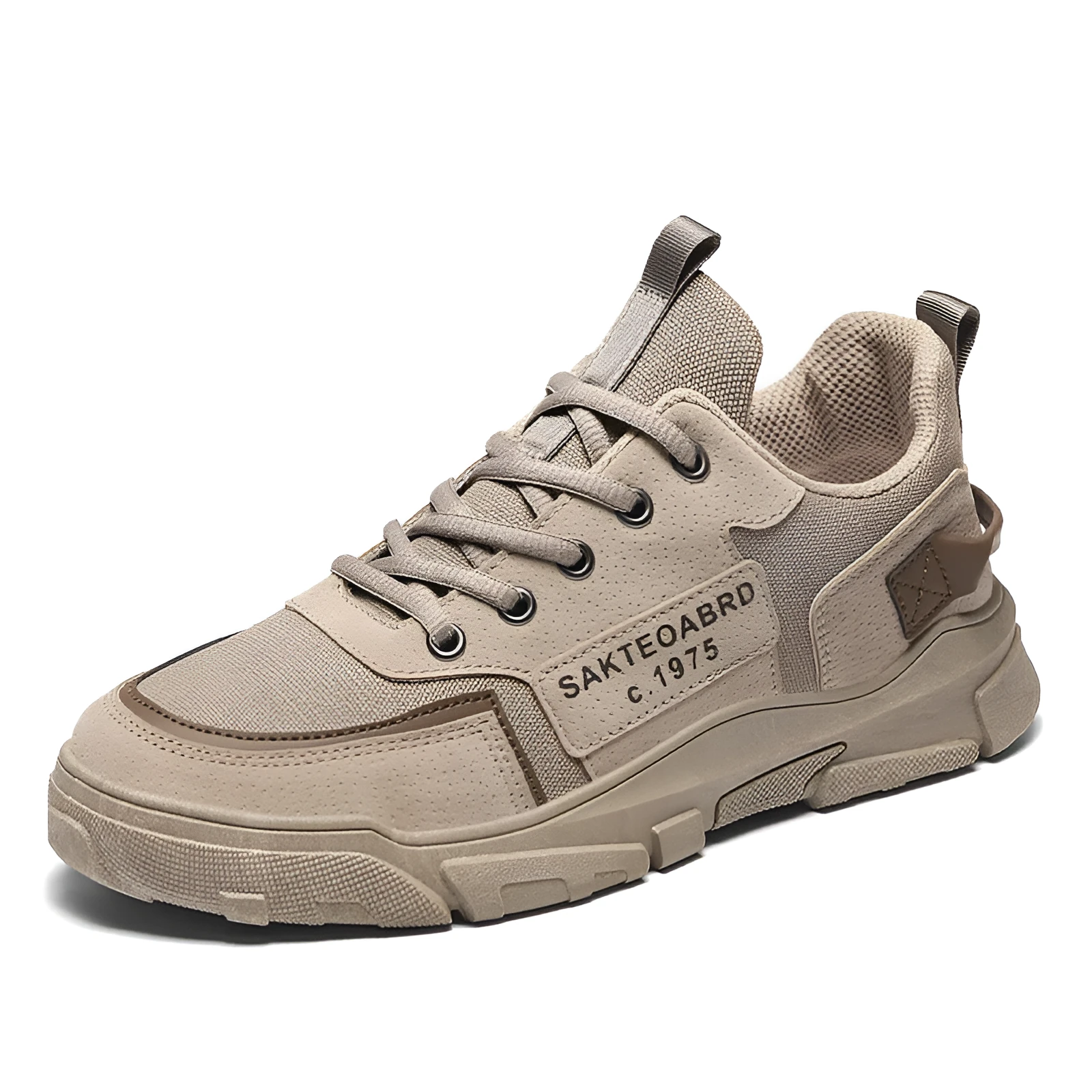 Men's Korean British style canvas sneakers in khaki, low-top round toe with lace closure and flat heel