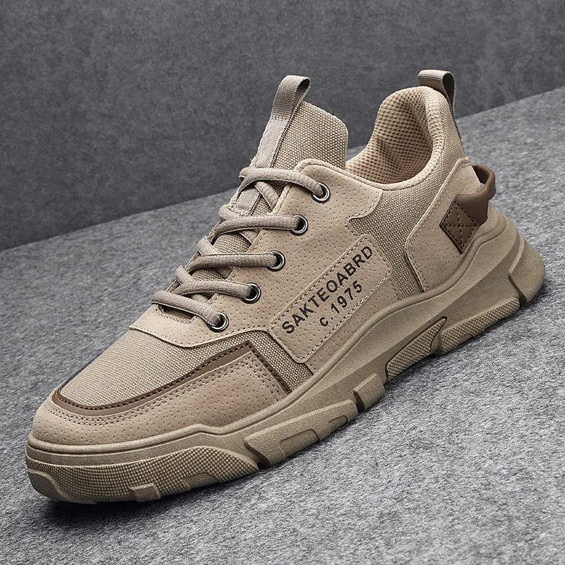 Men's Korean British style canvas sneakers in khaki, low-top round toe with lace closure and flat heel