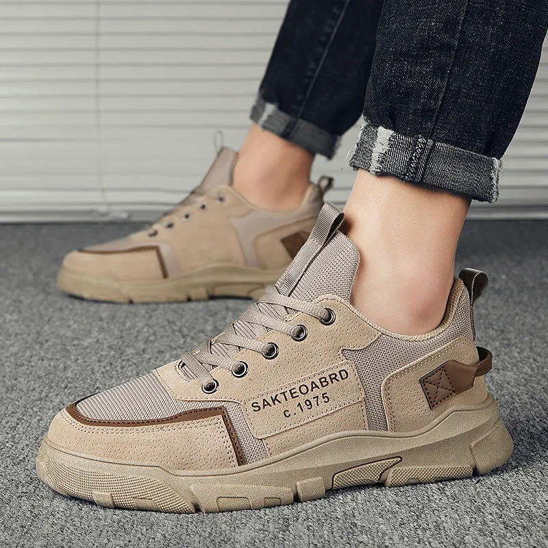 Men's Korean British style canvas sneakers in khaki, low-top round toe with lace closure and flat heel