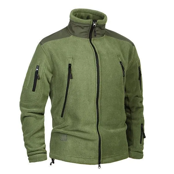 Men's thick military army fleece jacket, windproof thermal, cashmere lining, solid colour, zip front, turn-down collar