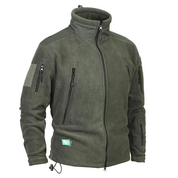 Men's thick military army fleece jacket, windproof thermal, cashmere lining, solid colour, zip front, turn-down collar