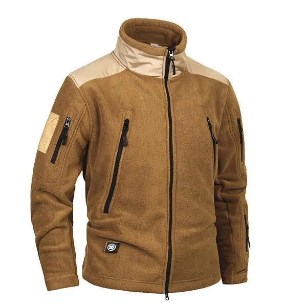 Men's thick military army fleece jacket, windproof thermal, cashmere lining, solid colour, zip front, turn-down collar
