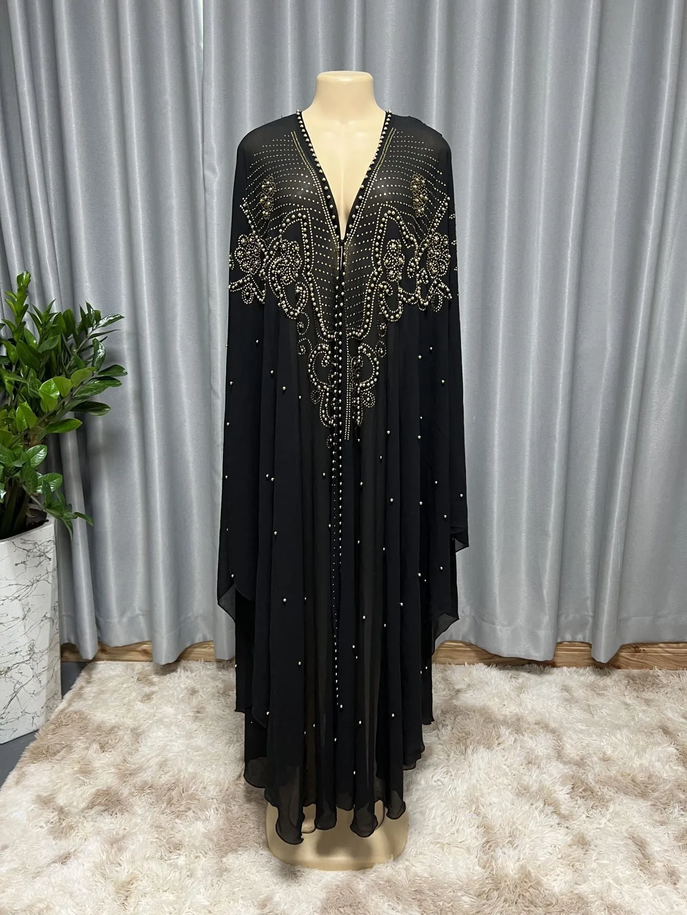 Muslim style chiffon cape shawl with rhinestone beaded trim in purple colour