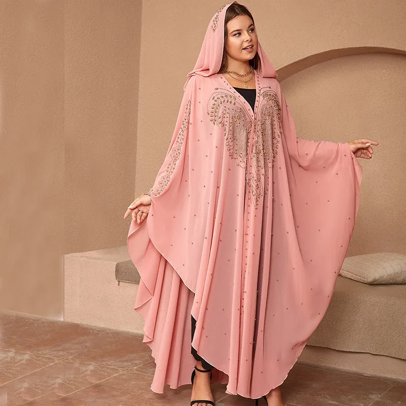 Muslim style chiffon cape shawl with rhinestone beaded trim in purple colour