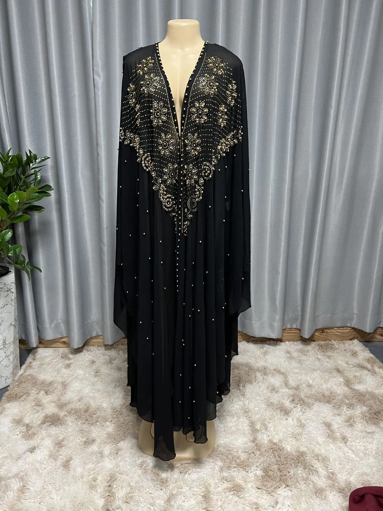 Muslim style chiffon cape shawl with rhinestone beaded trim in purple colour