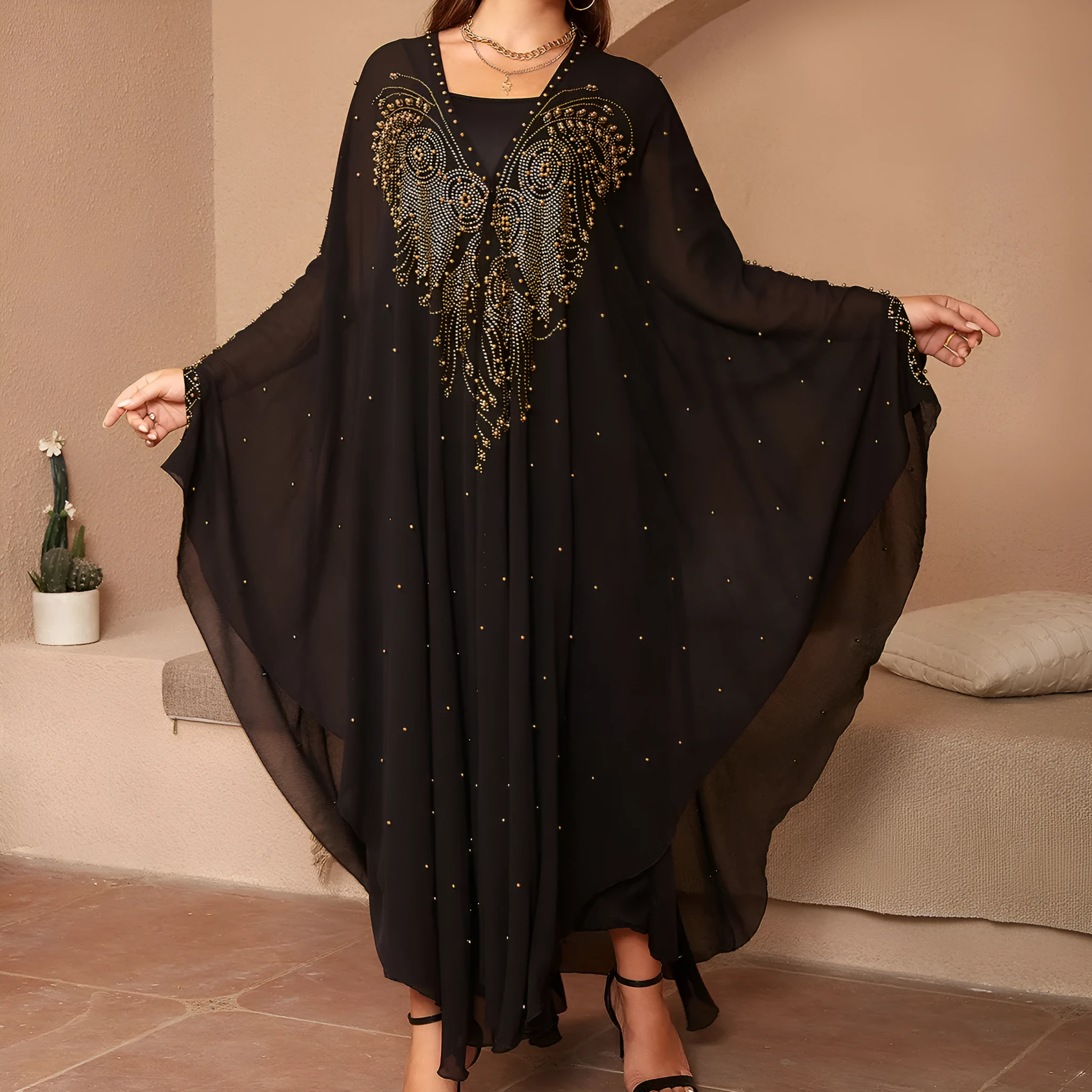 Muslim style chiffon cape shawl with rhinestone beaded trim in purple colour