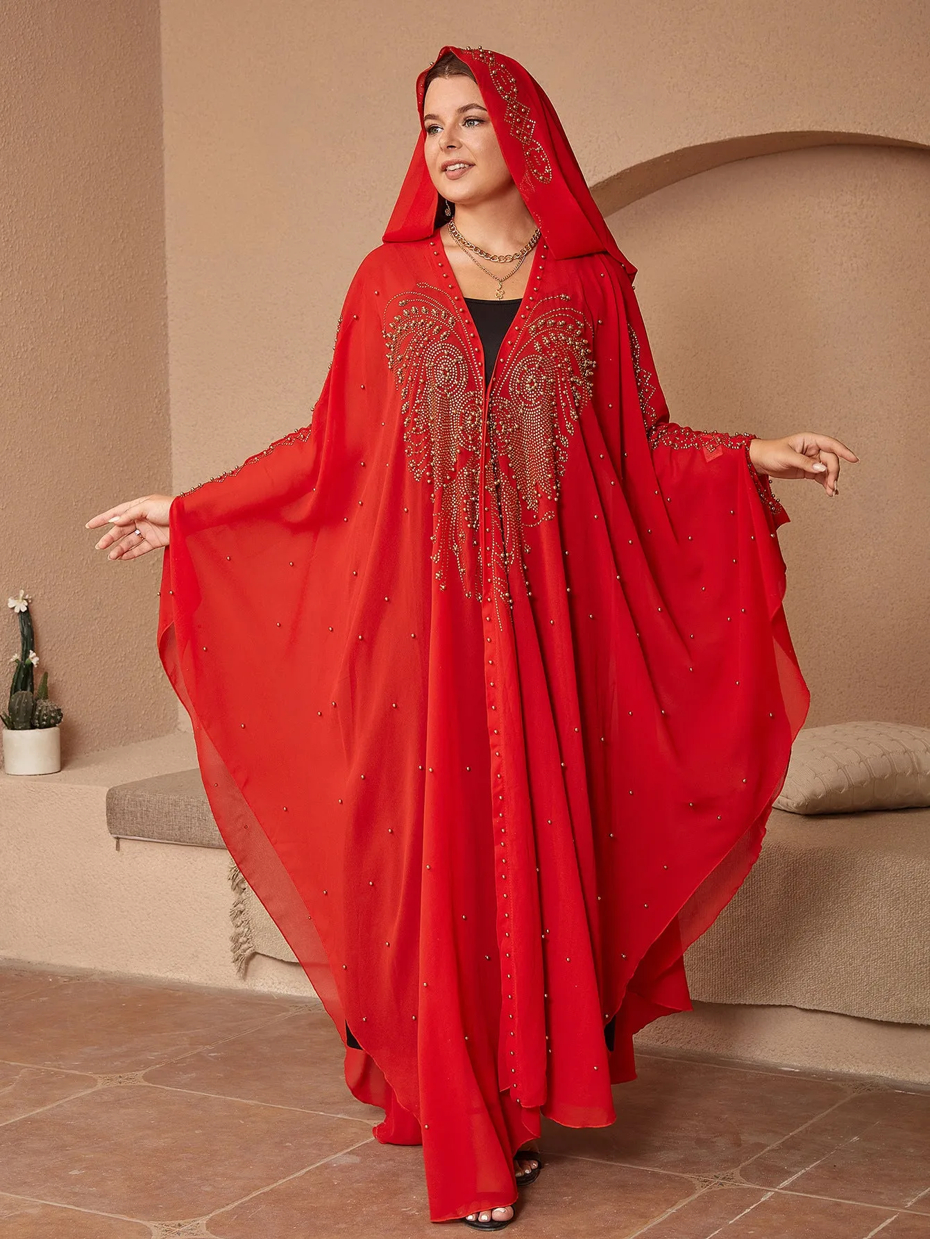 Muslim style chiffon cape shawl with rhinestone beaded trim in purple colour