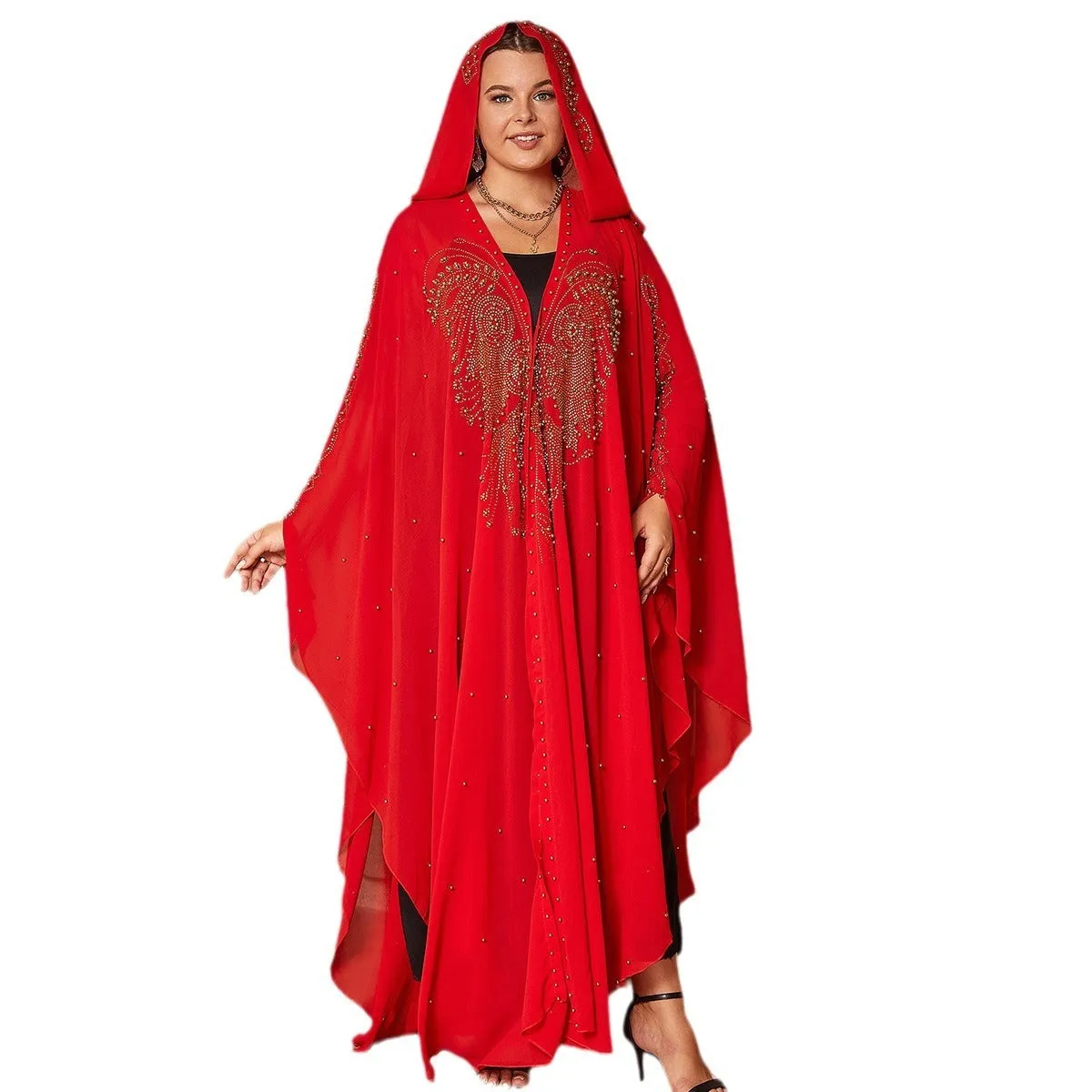 Muslim style chiffon cape shawl with rhinestone beaded trim in purple colour